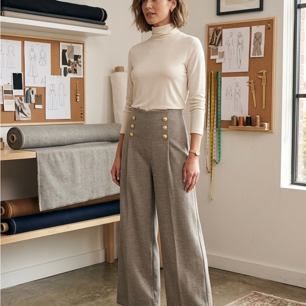 Zara NWT Taupe Wide-Leg High-Waist Pants with Gold Buttons ref 3644/198 office L - Picture 6 of 10